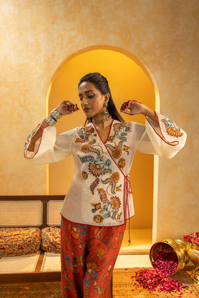 Sougat Paul Rangtara Appliqued Co-ord Set Off White indian designer wear online shopping melange singapore