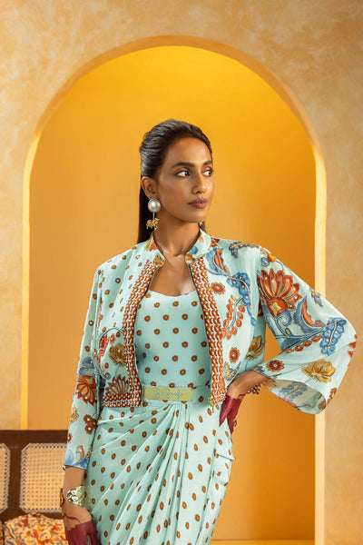 Sougat Paul Rangtara Embellished Drape Dress Set Blue indian designer wear online shopping melange singapore 
