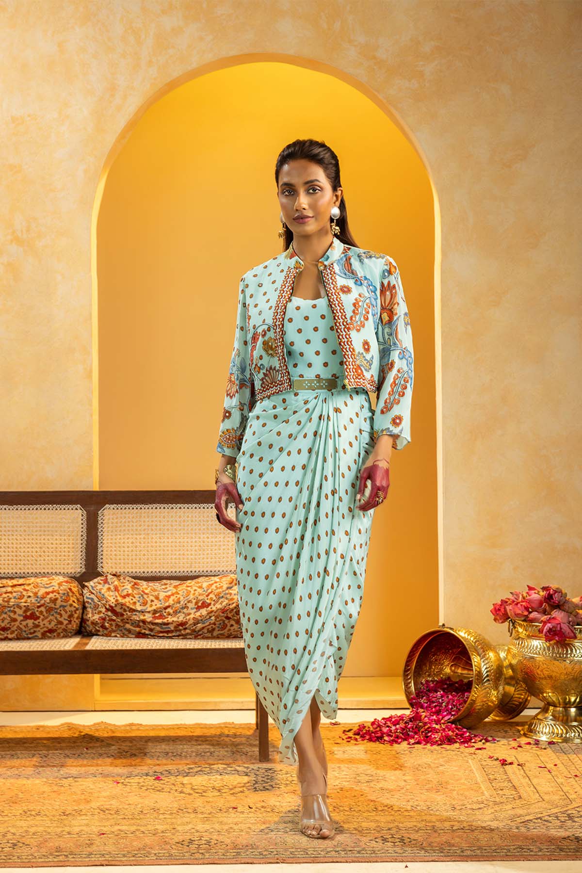 Sougat Paul Rangtara Embellished Drape Dress Set Blue indian designer wear online shopping melange singapore 