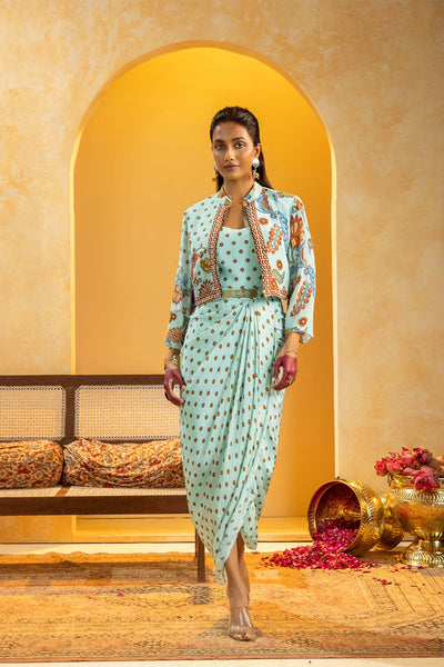 Sougat Paul Rangtara Embellished Drape Dress Set Blue indian designer wear online shopping melange singapore 