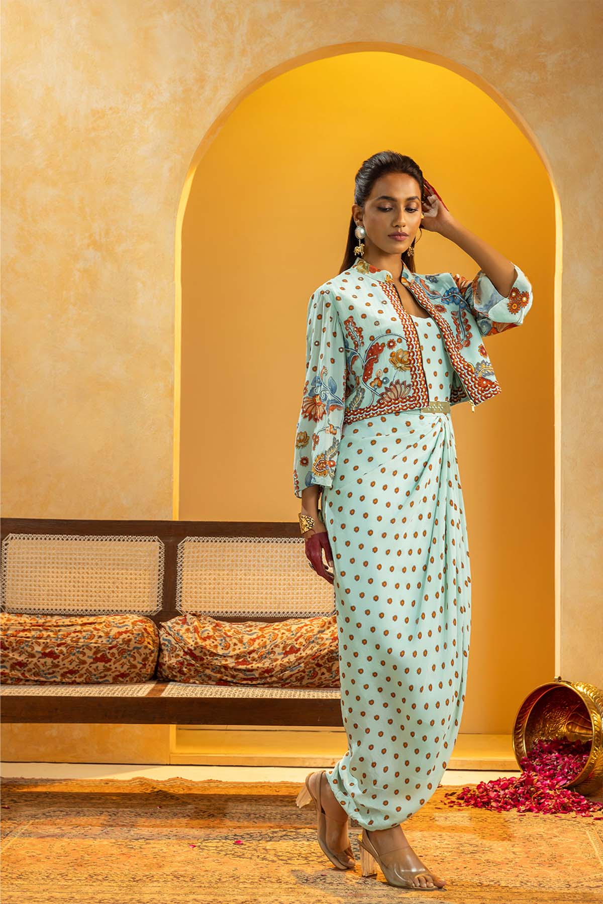Sougat Paul Rangtara Embellished Drape Dress Set Blue indian designer wear online shopping melange singapore 