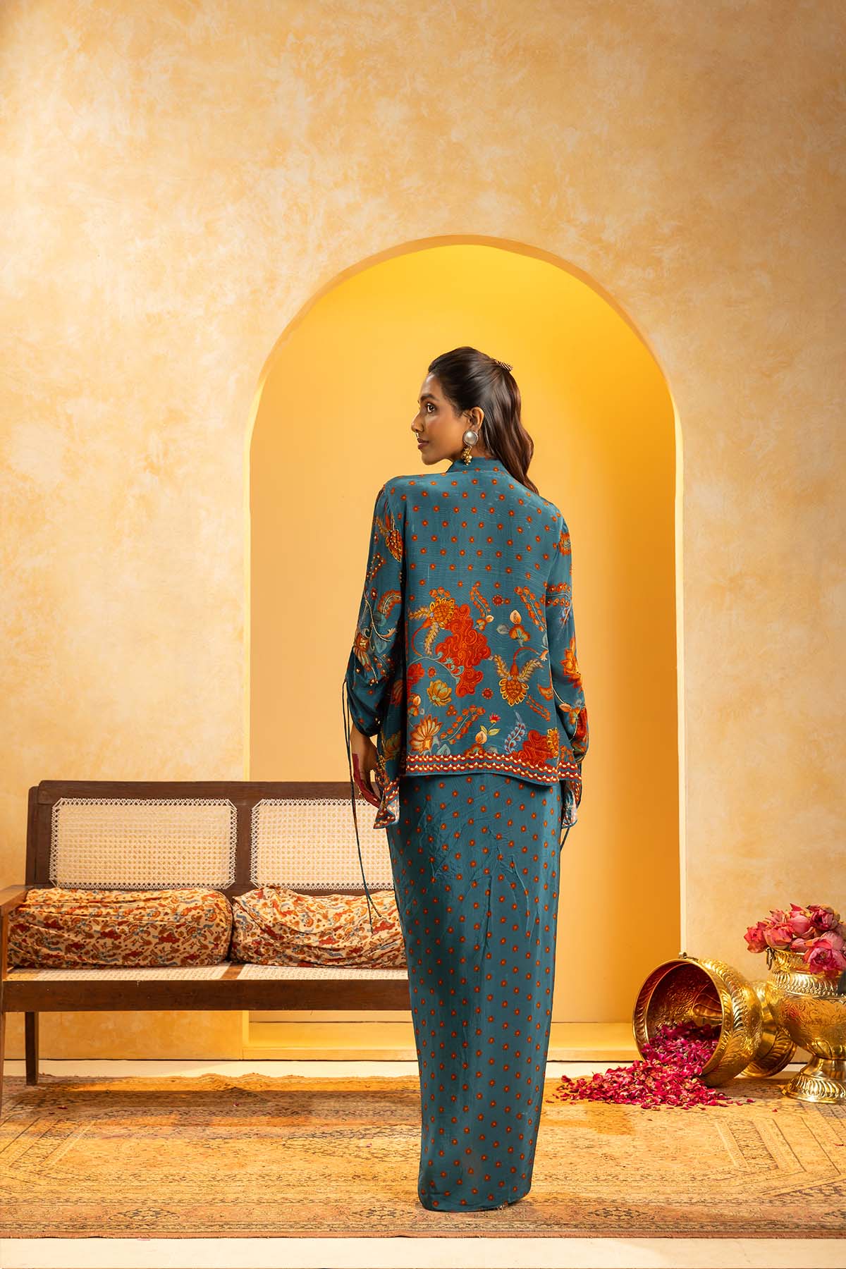 Sougat Paul Rangtara Embellished Drape Skirt Set Blue indian designer wear online shopping melange singapore 