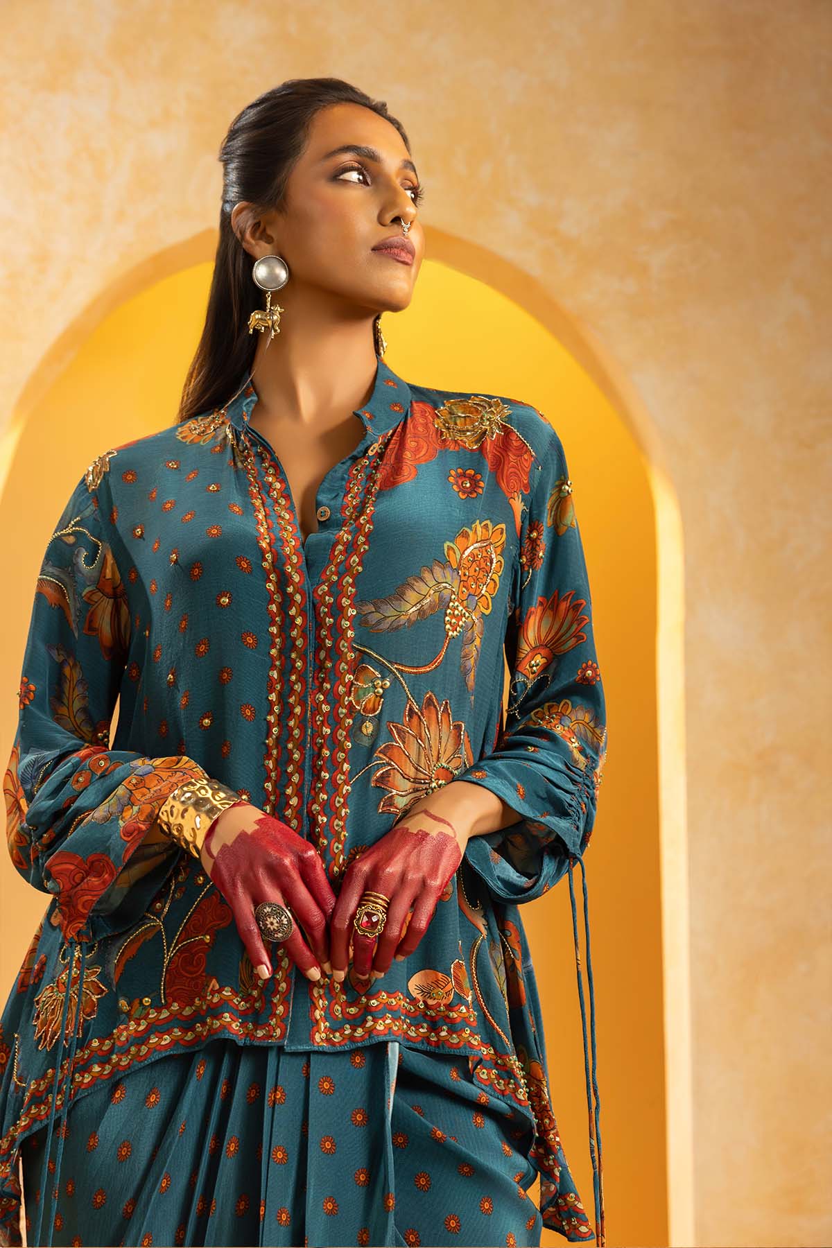 Sougat Paul Rangtara Embellished Drape Skirt Set Blue indian designer wear online shopping melange singapore 