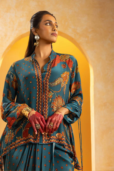 Sougat Paul Rangtara Embellished Drape Skirt Set Blue indian designer wear online shopping melange singapore 