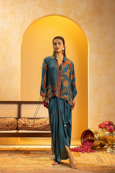 Sougat Paul Rangtara Embellished Drape Skirt Set Blue indian designer wear online shopping melange singapore 