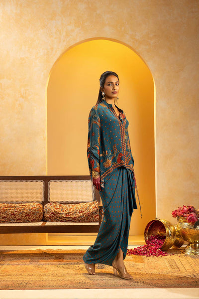 Sougat Paul Rangtara Embellished Drape Skirt Set Blue indian designer wear online shopping melange singapore 