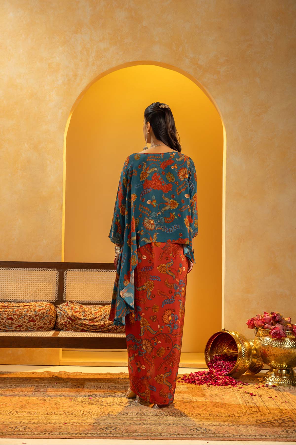 Sougat Paul Rangtara Embellished Drape Skirt Set Red indian designer wear online shopping melange singapore