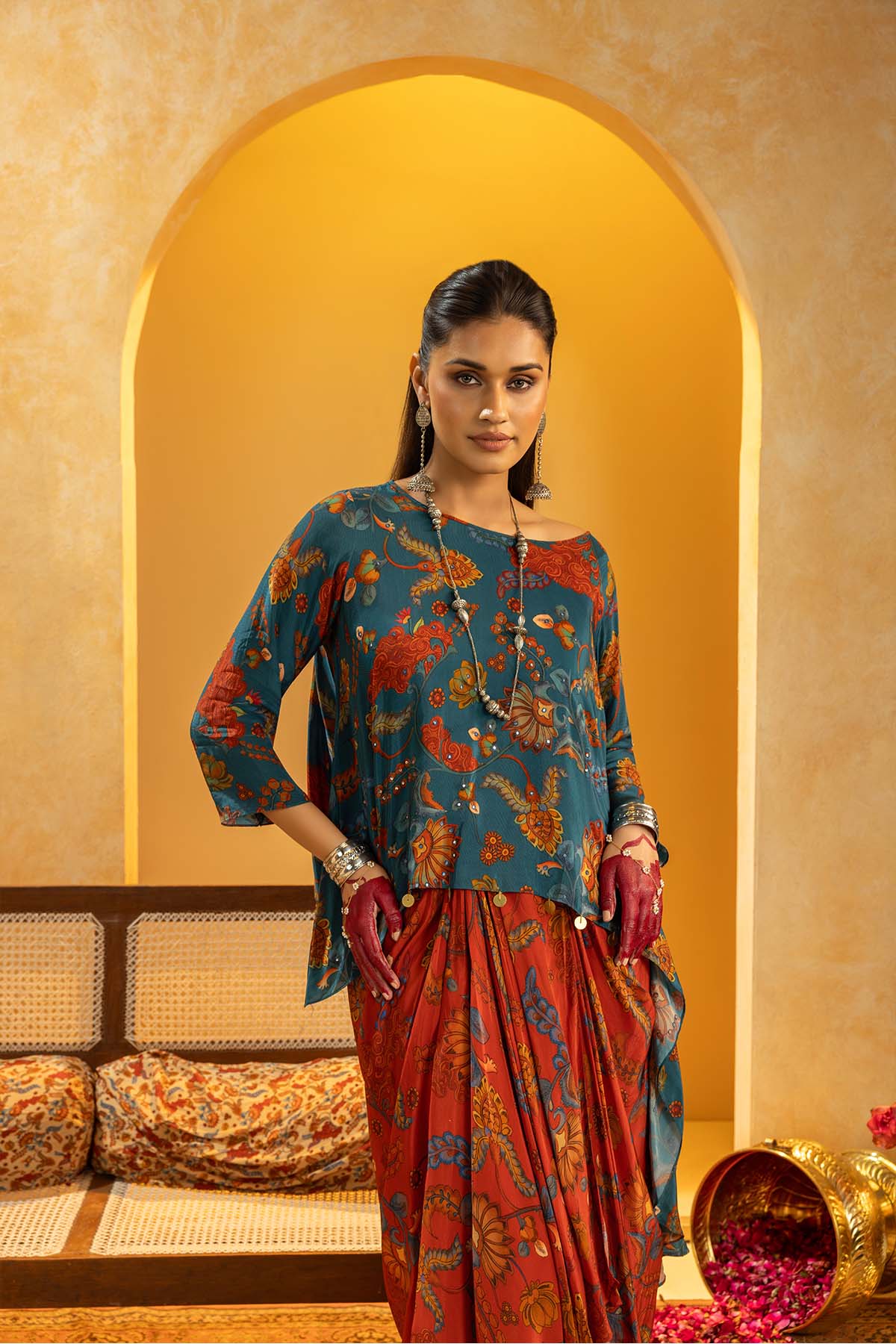 Sougat Paul Rangtara Embellished Drape Skirt Set Red indian designer wear online shopping melange singapore