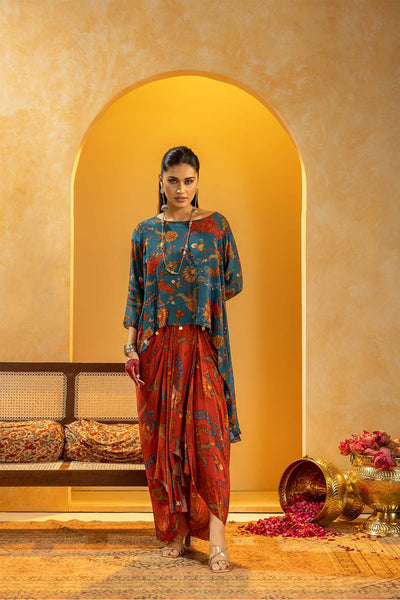 Sougat Paul Rangtara Embellished Drape Skirt Set Red indian designer wear online shopping melange singapore