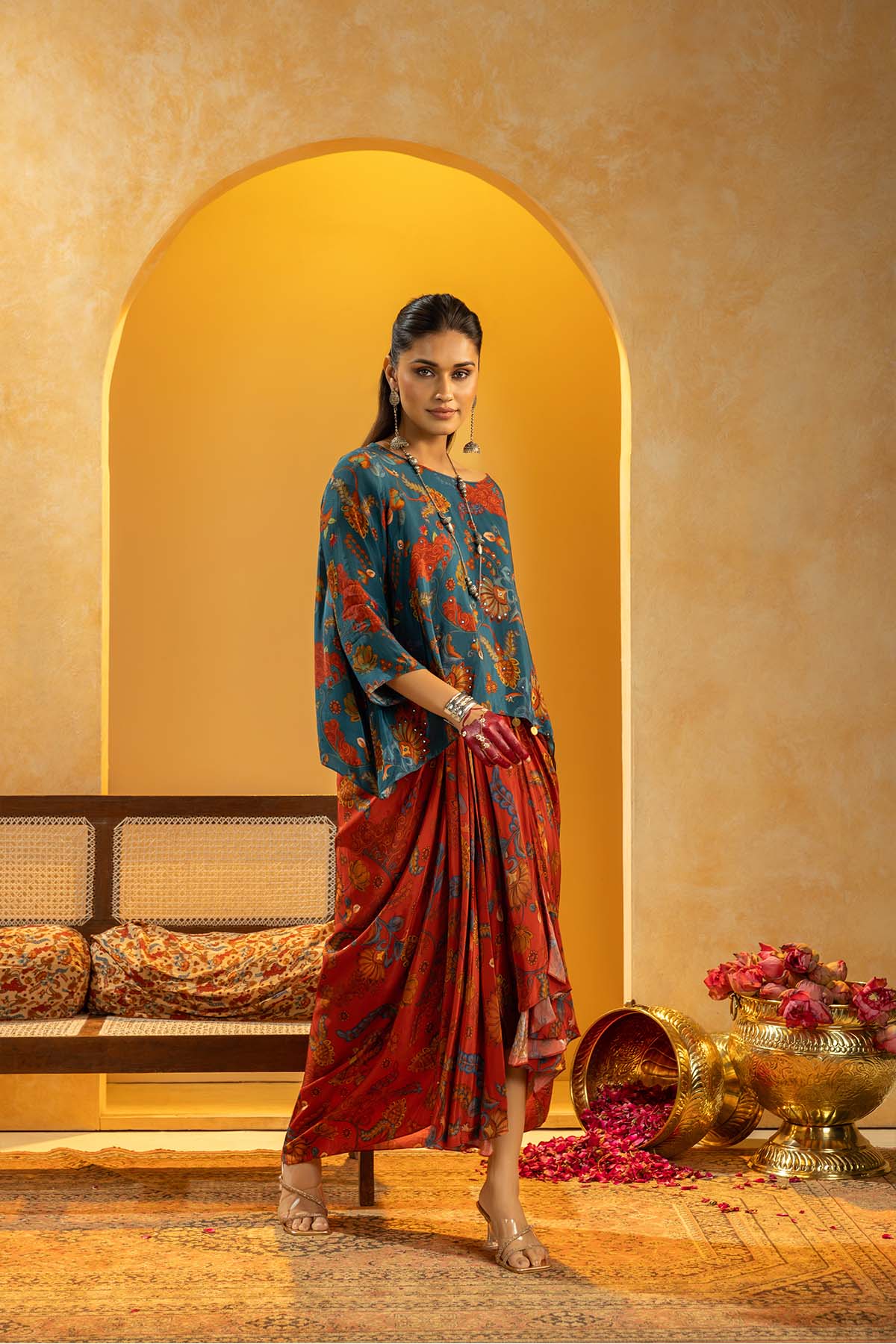Sougat Paul Rangtara Embellished Drape Skirt Set Red indian designer wear online shopping melange singapore
