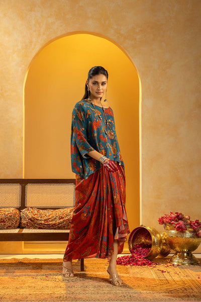 Sougat Paul Rangtara Embellished Drape Skirt Set Red indian designer wear online shopping melange singapore