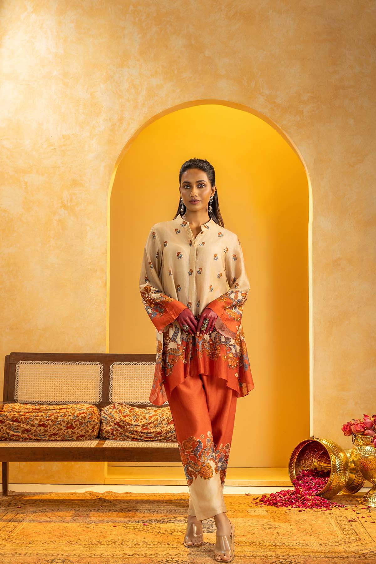 Sougat Paul Rangtara Embellished Kurta Set Beige indian designer wear online shopping melange singapore 
