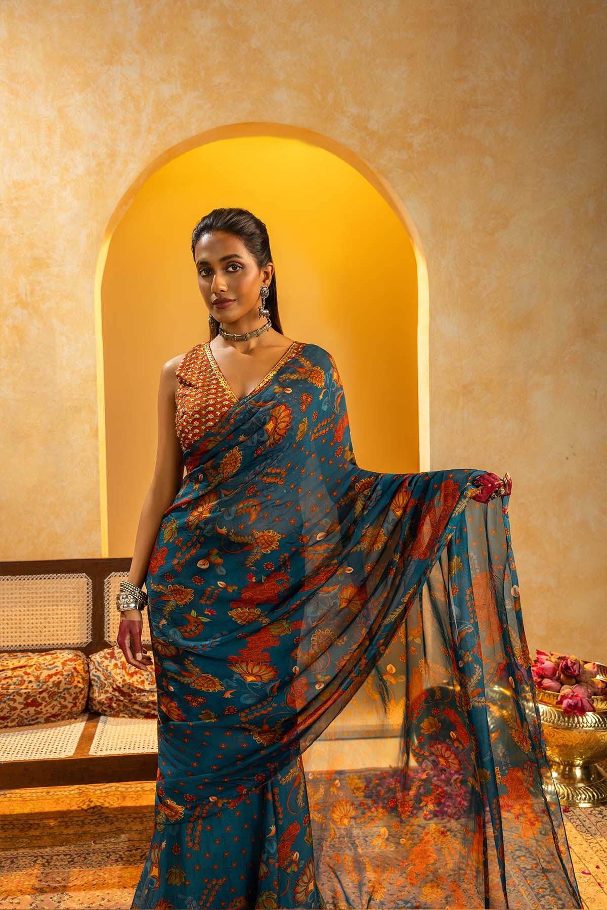 Sougat Paul Rangtara Embellished Pre-stitched Saree Blue indian designer wear online shopping melange singapore 