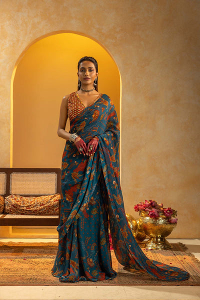 Sougat Paul Rangtara Embellished Pre-stitched Saree Blue indian designer wear online shopping melange singapore 