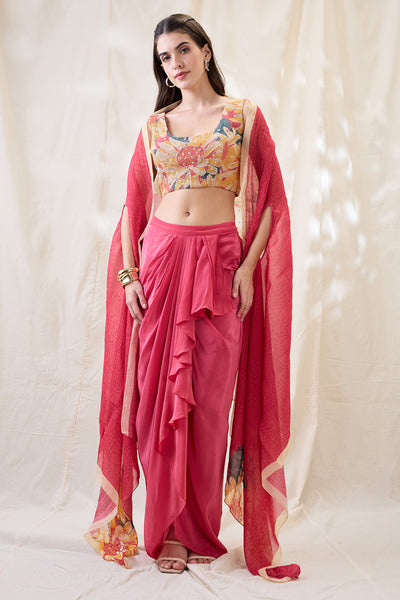 Sougat Paul Ravya Drape Skirt Set With Embellished Cape indian designer wear online shopping melange singapore 
