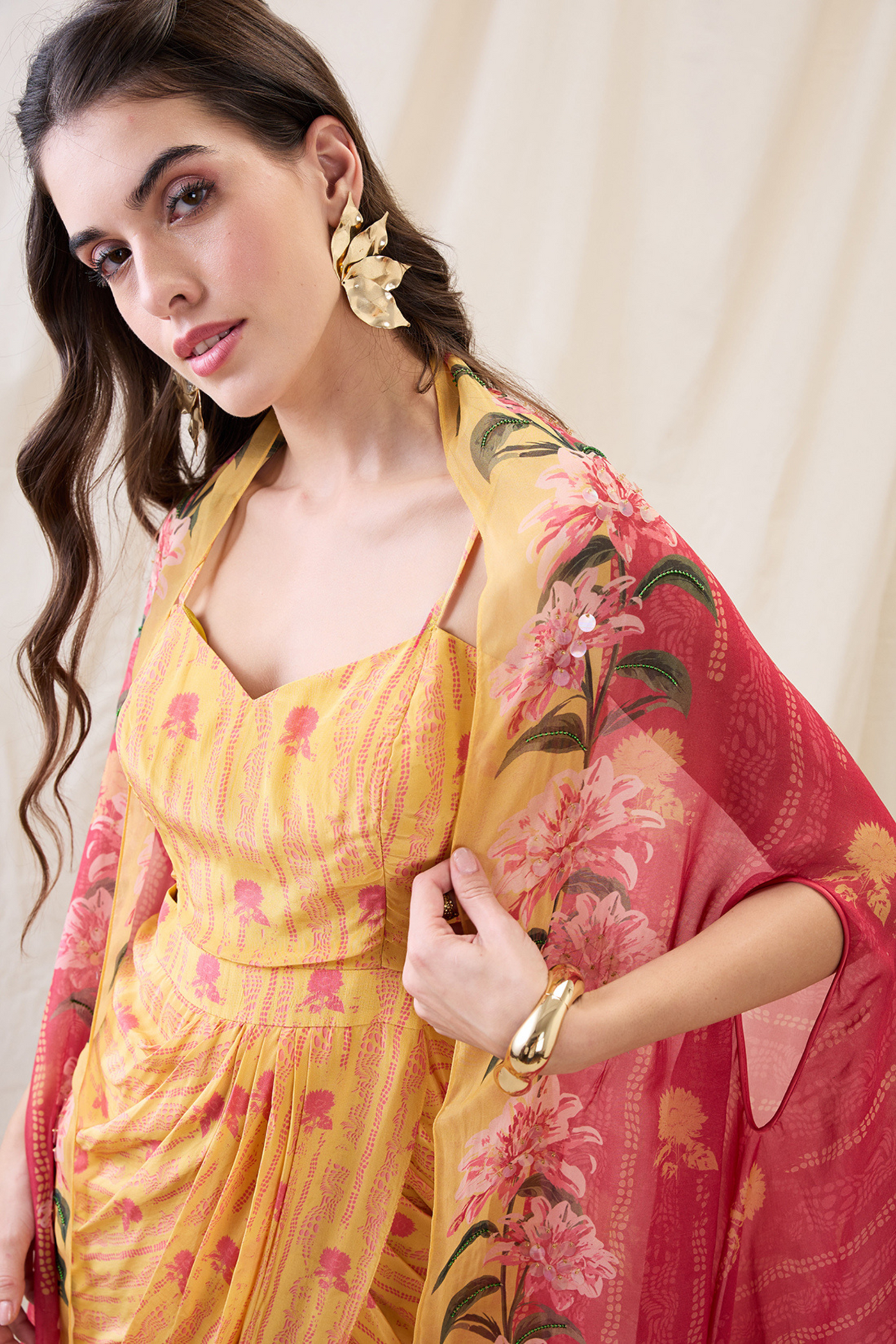 Sougat Paul Ravya Drape Dress With Embellished Cape Indian designer wear online shopping melange singapore