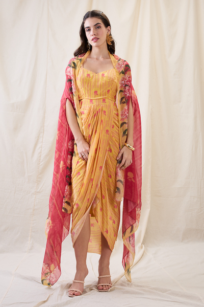 Sougat Paul Ravya Drape Dress With Embellished Cape Indian designer wear online shopping melange singapore