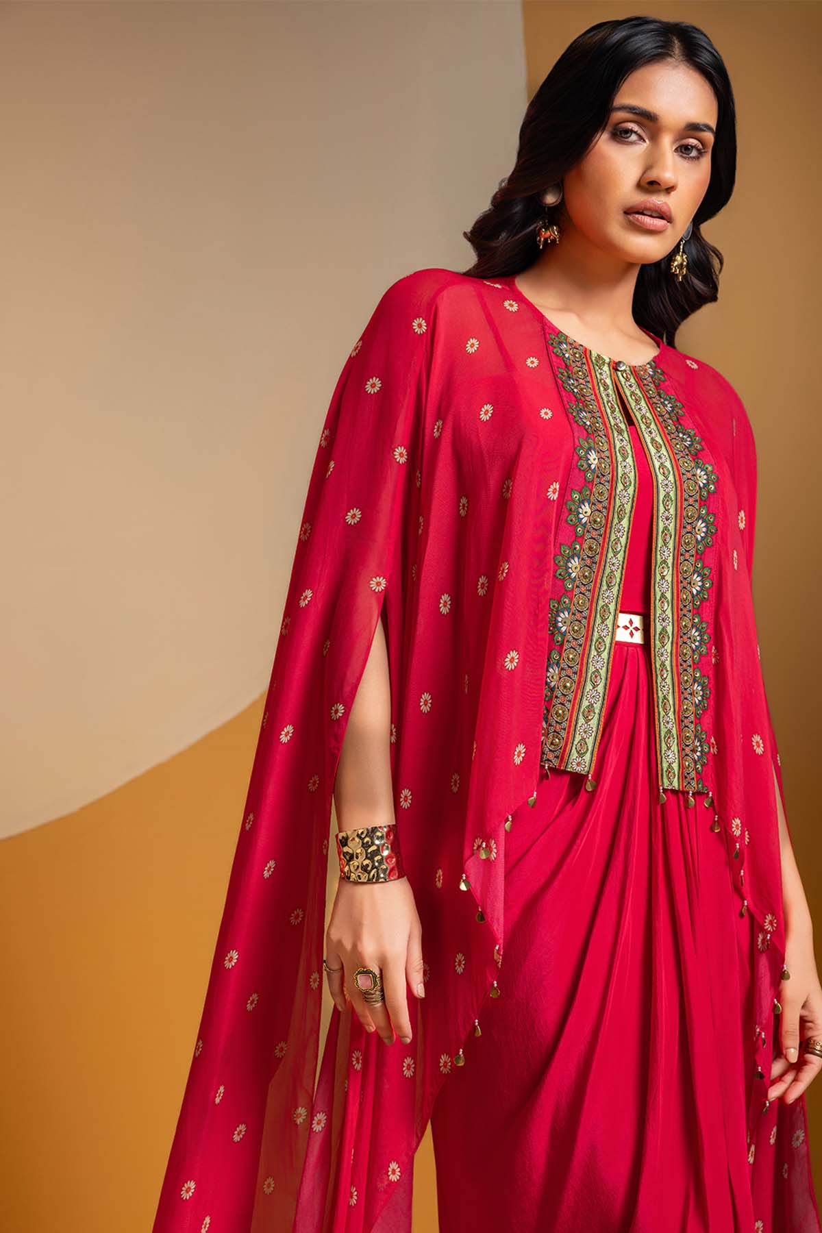 Sougat Paul Taarani Drape Dress With Embroidered Cape indian designer wear online shopping melange singapore 