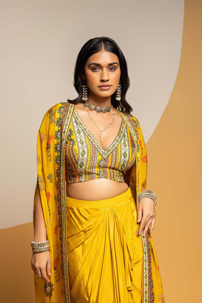 Sougat Paul Taarani Embellished  Drape Skirt  Set With Long Cape indian designer wear online shopping melange singapore 