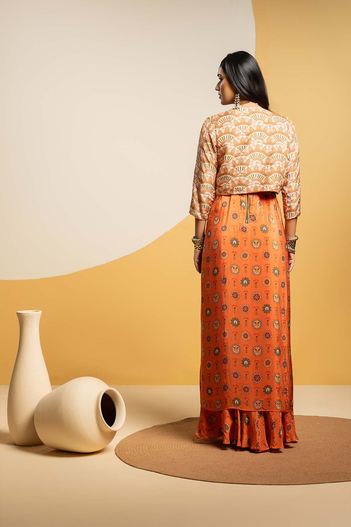 Sougat Paul Taarani Embellished Long Drape Dress Set Rust Beige indian designer wear online shopping melange singapore 