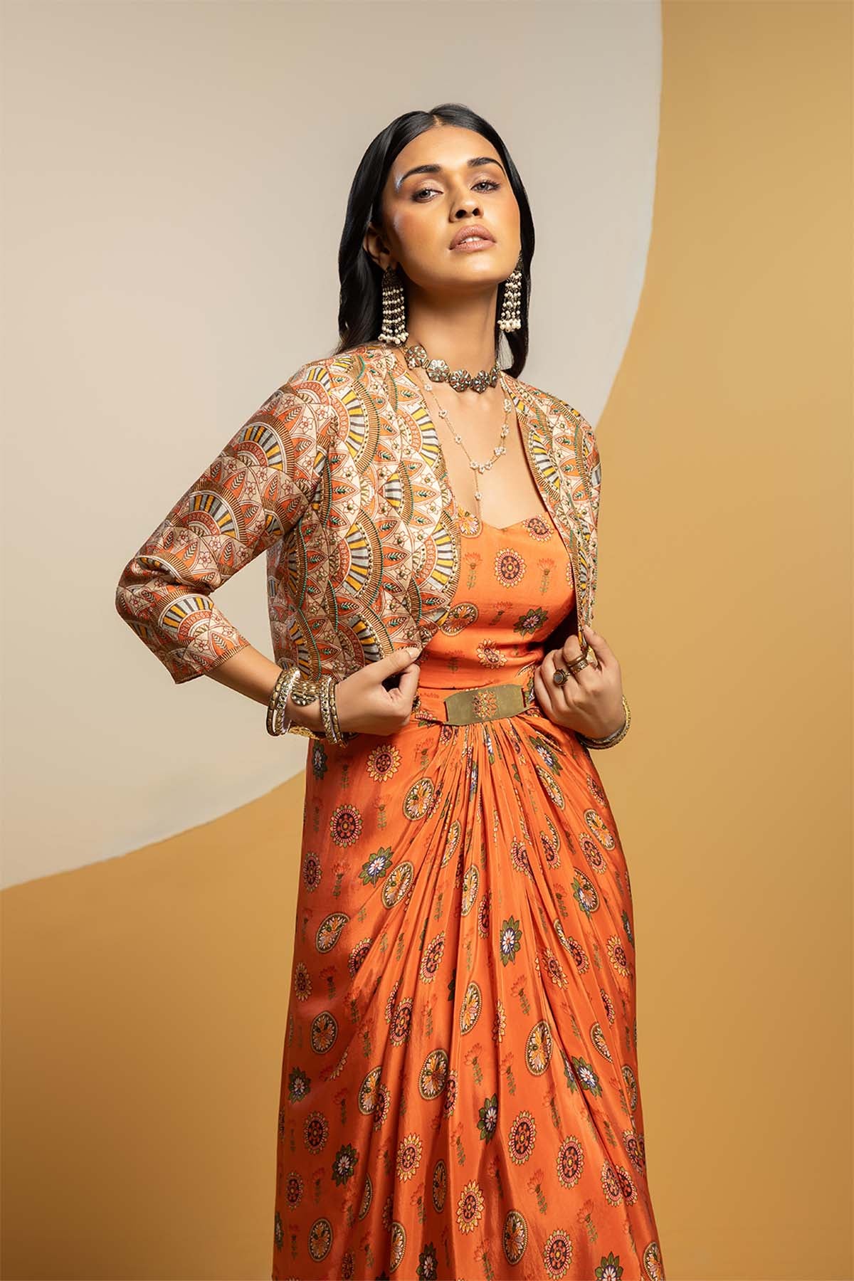 Sougat Paul Taarani Embellished Long Drape Dress Set Rust Beige indian designer wear online shopping melange singapore 