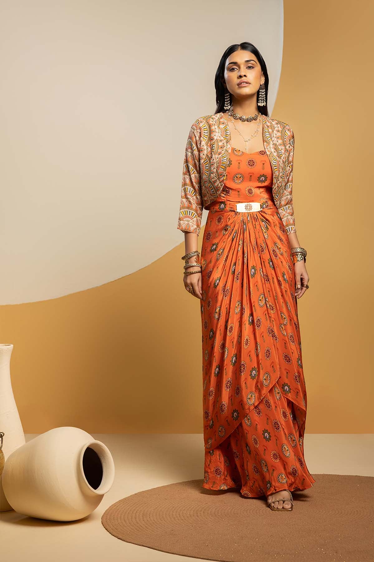 Sougat Paul Taarani Embellished Long Drape Dress Set Rust Beige indian designer wear online shopping melange singapore 