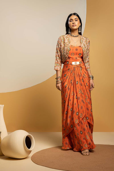 Sougat Paul Taarani Embellished Long Drape Dress Set Rust Beige indian designer wear online shopping melange singapore 