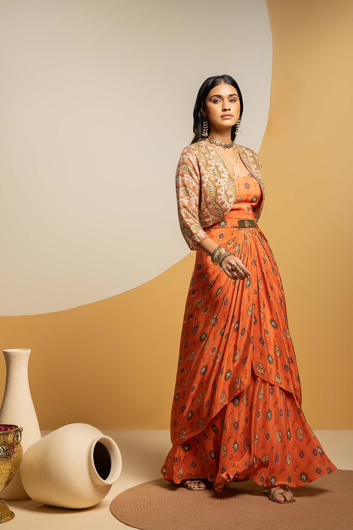 Sougat Paul Taarani Embellished Long Drape Dress Set Rust Beige indian designer wear online shopping melange singapore 