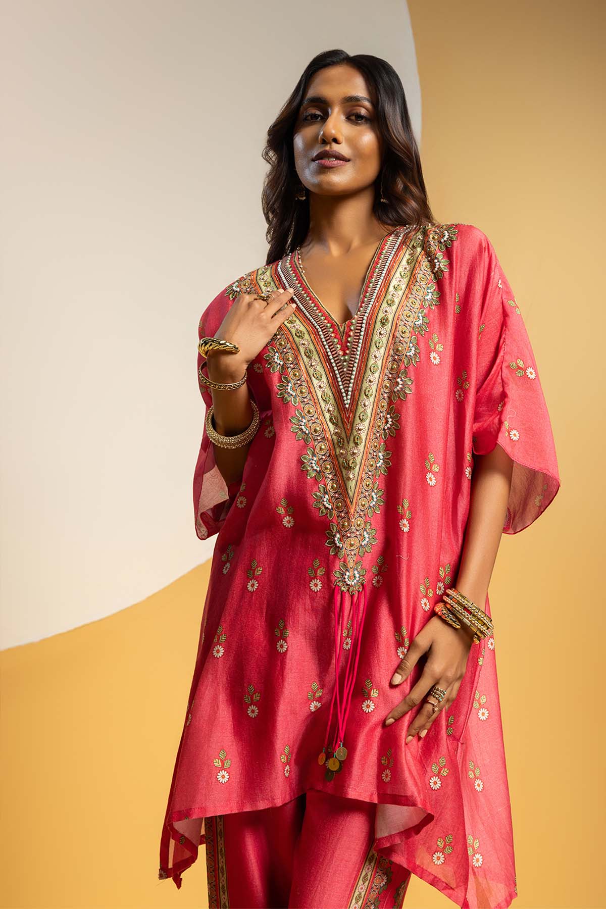 Sougat Paul Taarani Embellished V-neck Kurta Set Pink indian designer wear online shopping melange singapore 