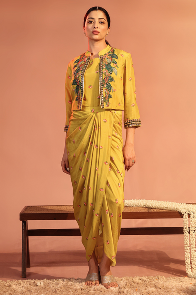 Tamaya Embroidered Drape Dress with Jacket Sougat Paul Indian Designer Wear Online Shopping Melange Singapore