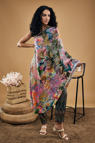 Sougat Paul Tropical Twilight Printed One-Shoulder Kurta With Pants indian designer wear online shopping melange singapore