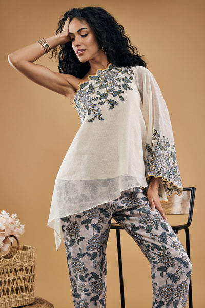 Sougat Paul Yasmin Applique One Shoulder Top With Pants indian designer wear online shopping melange singapore