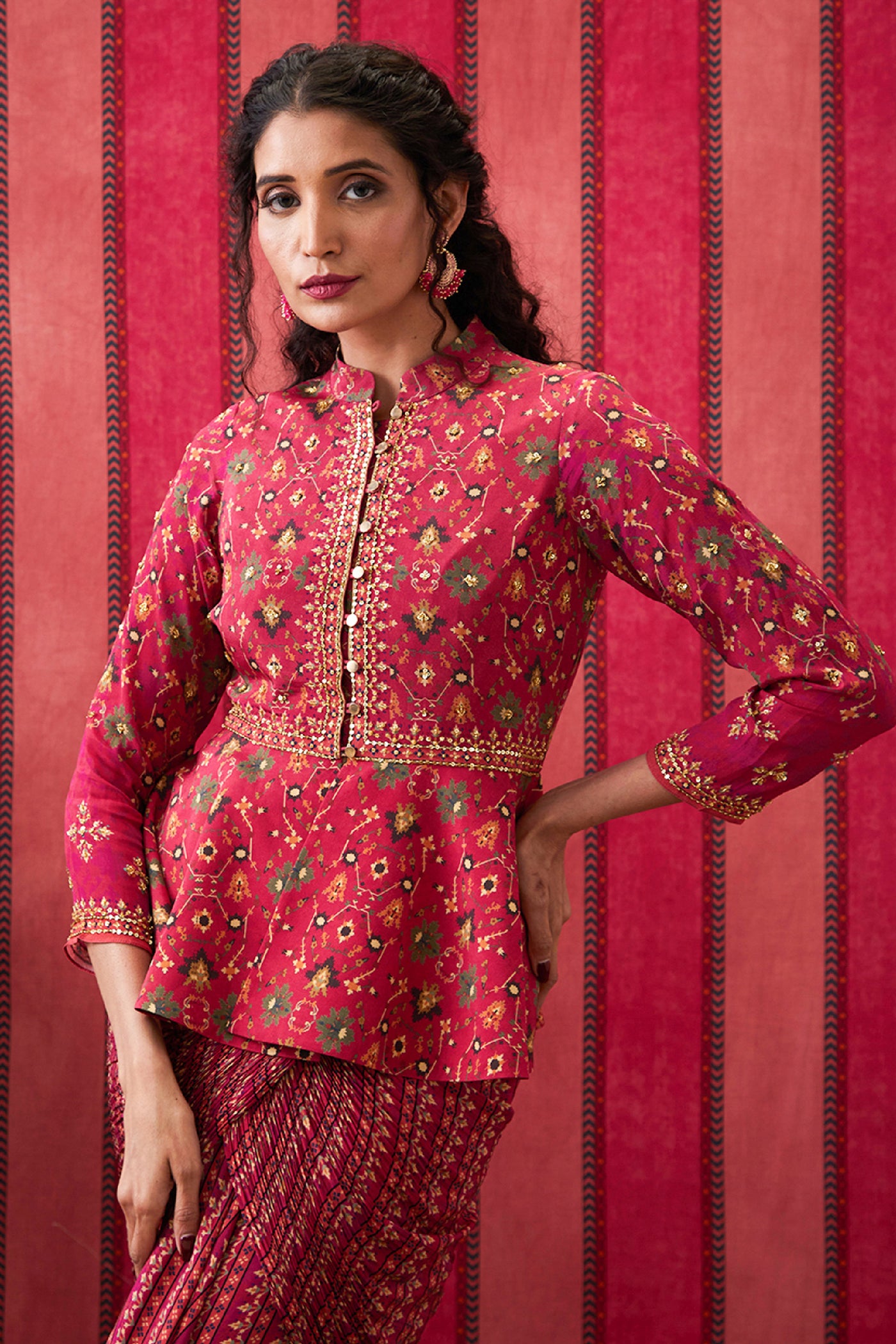 Sougat Paul Zahra Embroidered Peplum Top With Drape Skirt indian designer wear online shopping melange singapore