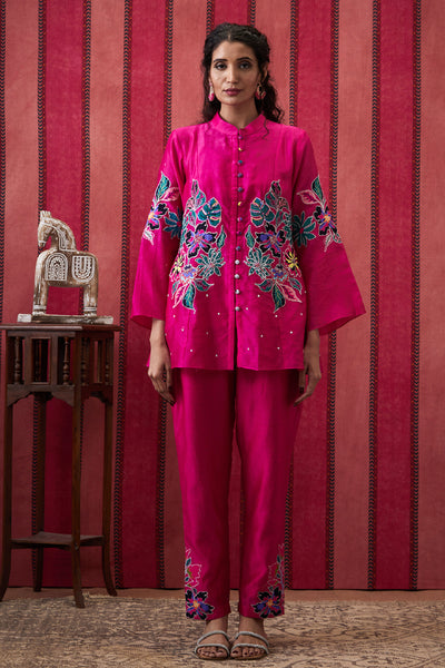 Sougat Paul Zinnia Applique Co-Ord Set Fuchsia Pink indian designer wear online shopping melange singapore