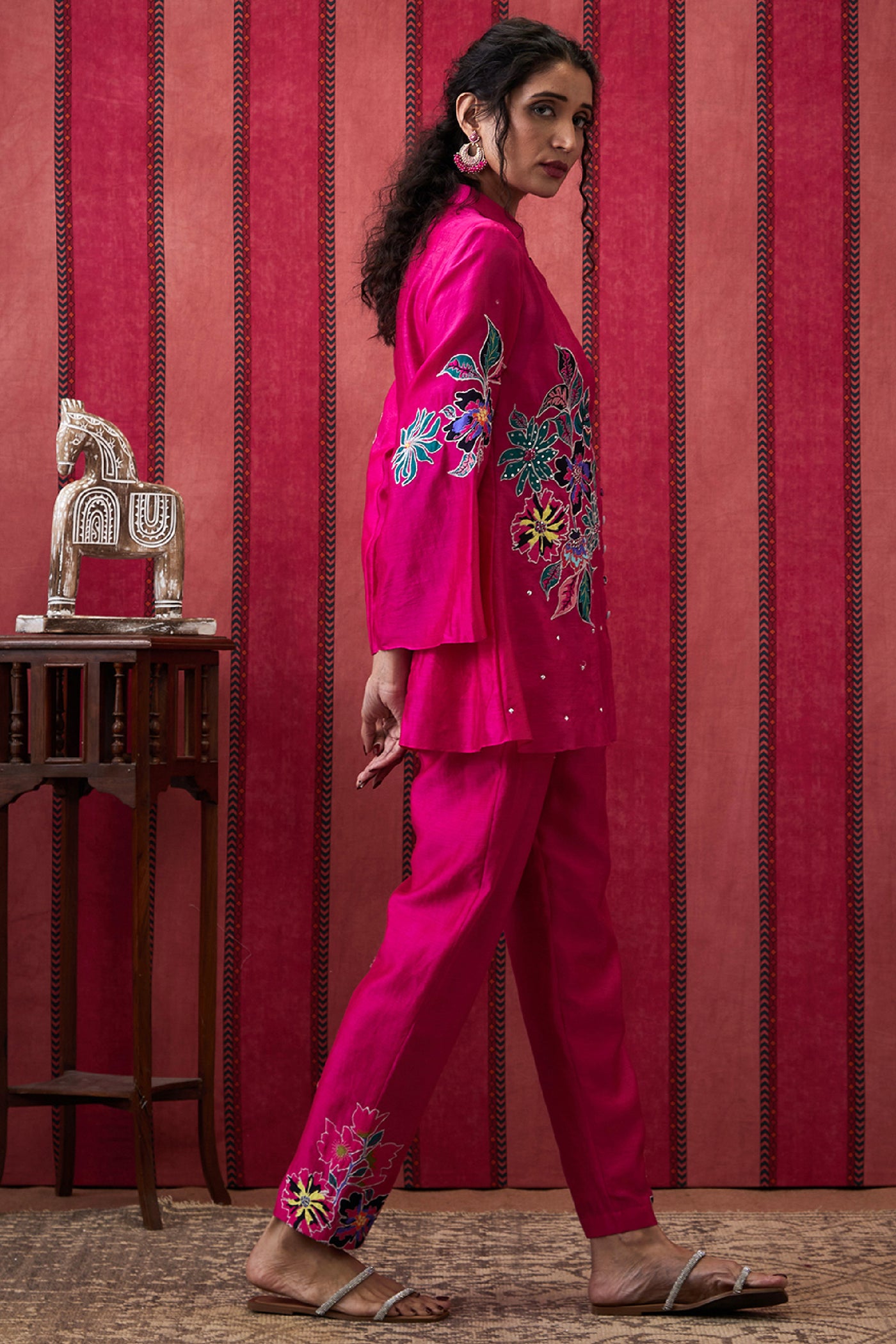 Sougat Paul Zinnia Applique Co-Ord Set Fuchsia Pink indian designer wear online shopping melange singapore