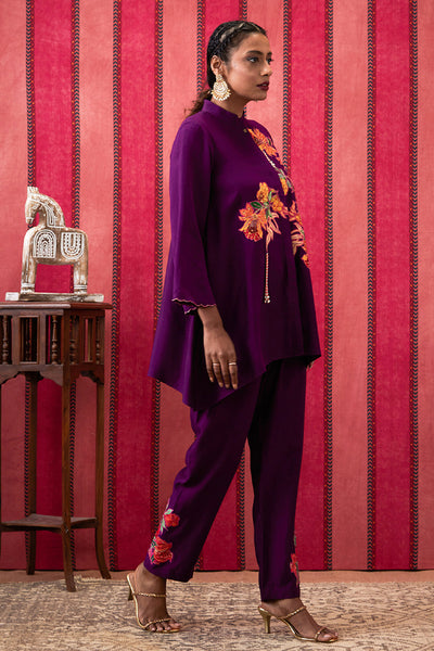 Sougat Paul Zinnia Applique Co-Ord Set Wine indian designer wear online shopping melange singapore