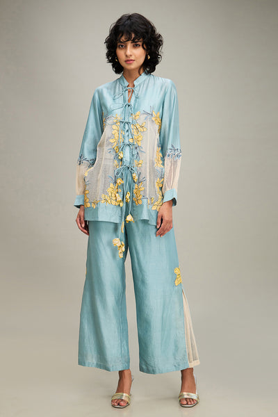 Sougat Paul Zinnia Applique Co-ord Set Blue indian designer wear online shopping melange singapore