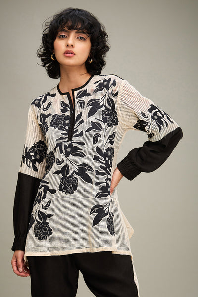 Sougat Paul Zinnia Applique Co-ord Set Off White Black indian designer wear online shopping melange singapore
