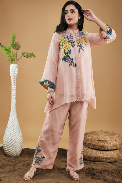 Sougat Paul Zinnia Applique High Low Shirt With Pants indian designer wear online shopping melange singapore