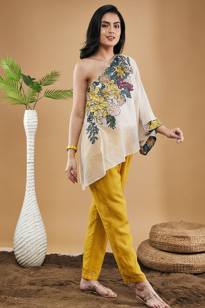 Sougat Paul Zinnia Applique One-shoulder Top With Pants indian designer wear online shopping melange singapore