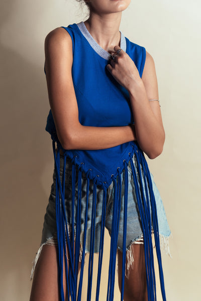 Style Junkie Cafe Blue Tassel Crop Tee indian designer wear online shopping melange singapore