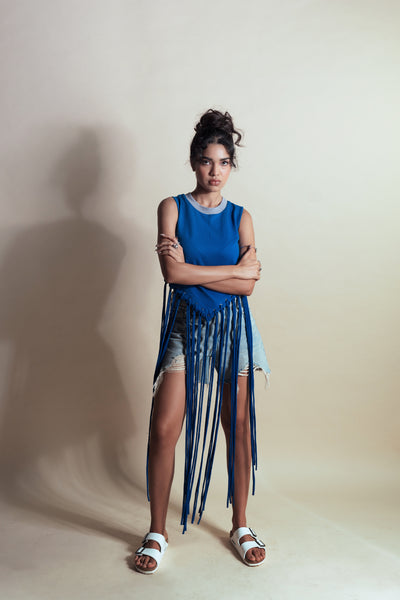 Style Junkie Cafe Blue Tassel Crop Tee indian designer wear online shopping melange singapore