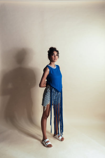Style Junkie Cafe Blue Tassel Crop Tee indian designer wear online shopping melange singapore