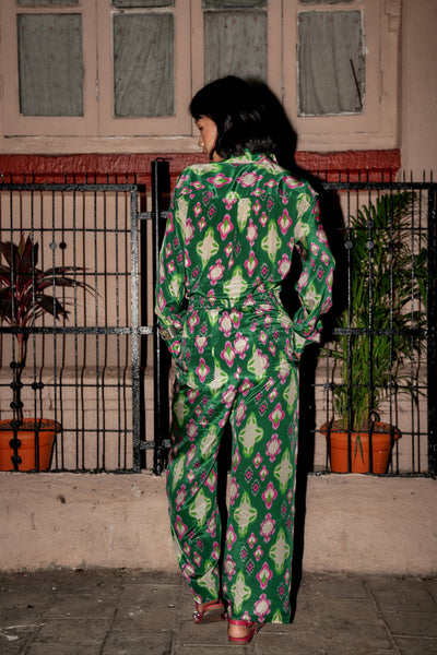 Style Junkie Cafe Green Ikat Straight Trousers indian designer wear online shopping melange singapore