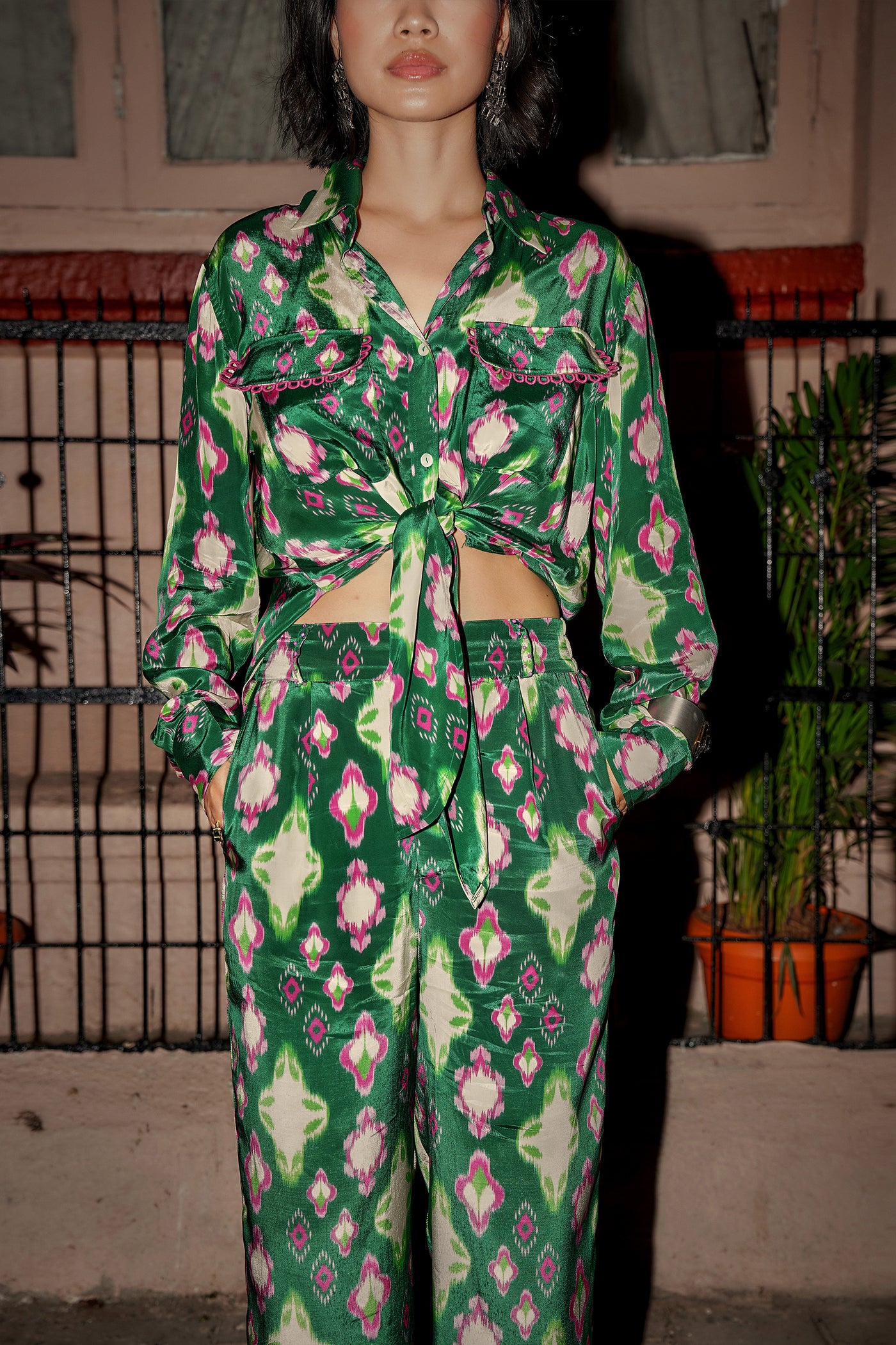 Style Junkie Cafe Green Ikat Straight Trousers indian designer wear online shopping melange singapore