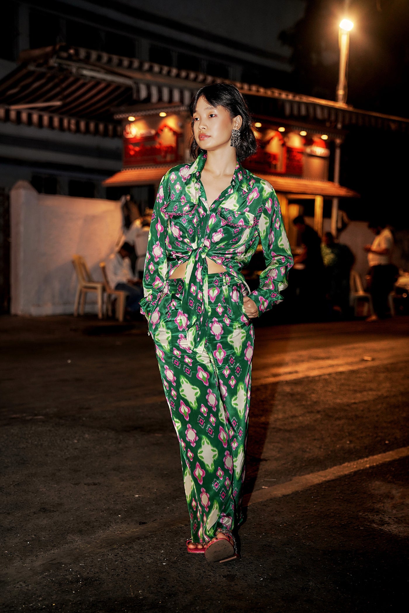 Style Junkie Cafe Green Ikat Straight Trousers indian designer wear online shopping melange singapore