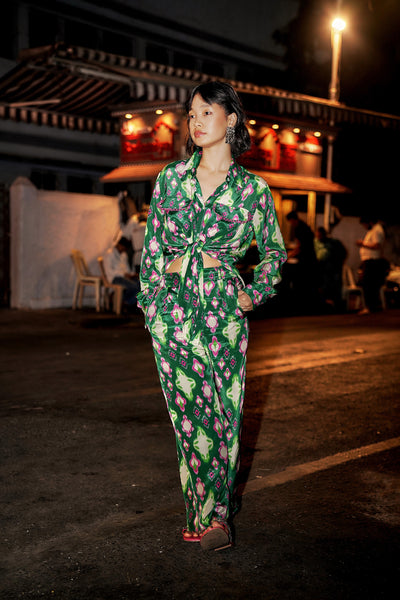 Style Junkie Cafe Green Ikat Straight Trousers indian designer wear online shopping melange singapore