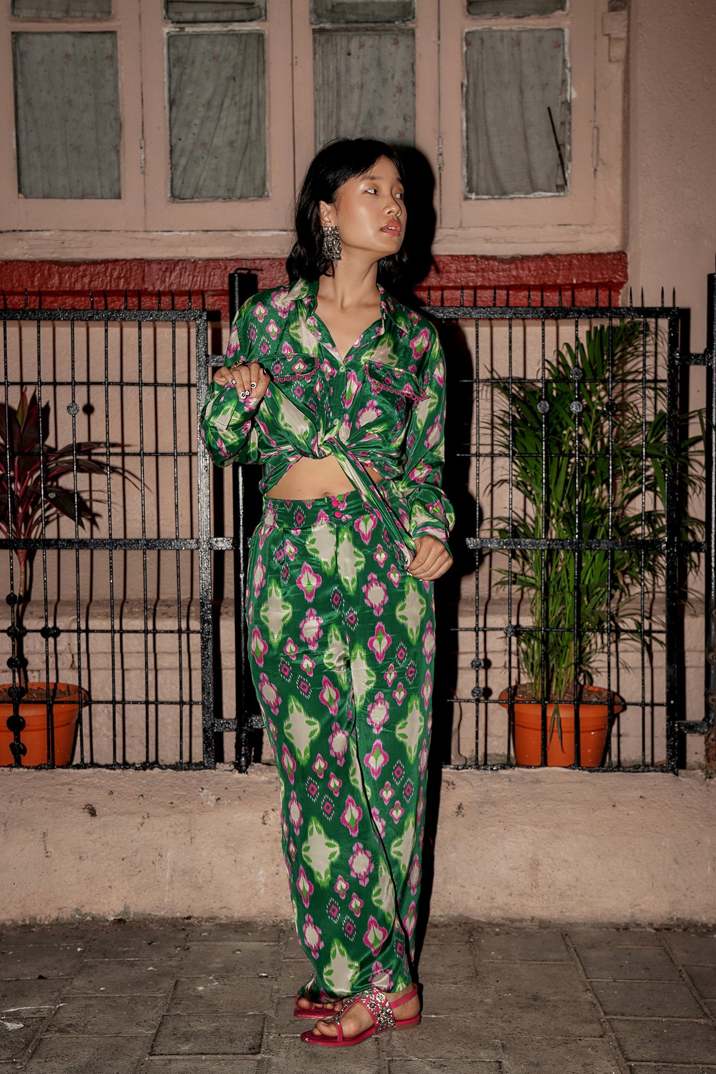 Style Junkie Cafe Green Ikat Tie-up Shirt indian designer wear online shopping melange singapore