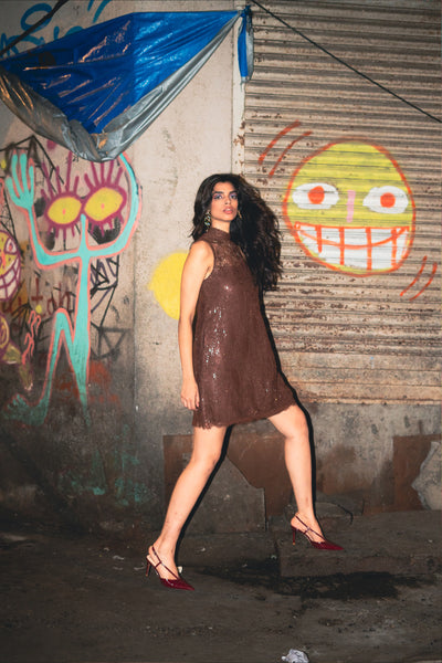 Style Junkie Chocolate Brown Lace Halter Dress indian designer wear online shopping melange singapore

