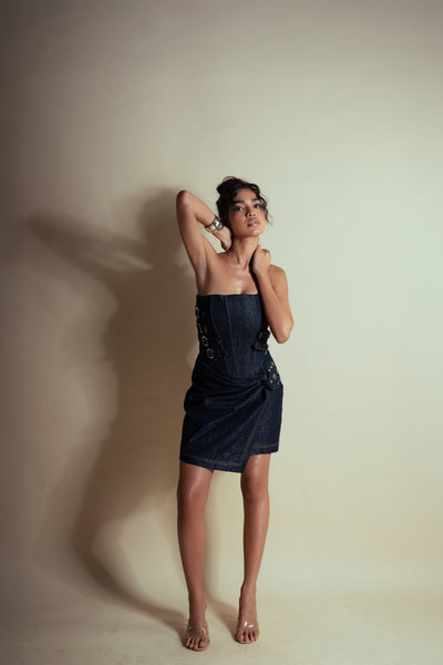 Style Junkie Deep Space Denim Buckled Corset indian designer wear online shopping melange singapore